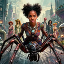 realistic detailed closeup portrait movie shot of a beautiful black woman riding a giant spider, dystopian city landscape background by denis villeneuve, amano, yves tanguy, alphonse mucha, max ernst, ernst haeckel, roger dean, cyber necklace, rich moody colours, sci fi patterns, wide angle