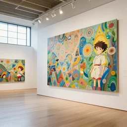 a modern art galery natural lighting, playful color scheme, intricate details, matte painting, illustration, by hayao miyazaki