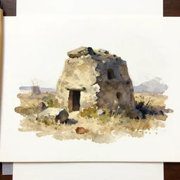 small centered on white watercolor paper, paint brush strokes, abstract watercolor painting of prehistoric stone house, midday sharp light, dust, cinematic light, american romanticism traditional gouache painting on artgerm by hans dahl, by jesper ejsing, by anders zorn, by greg rutkowski, by greg manchess, by tyler edlin