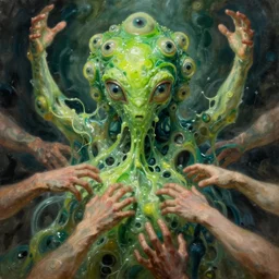 portrait of green noise an amorphous blob, slimy alien creature with hundreds of eyes, eyes!!!!!, it has several human arms out stretched to grab me. painted by greg rutkowski, wlop,,