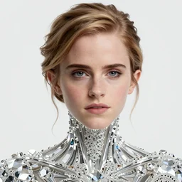 beatifull closeup of face shoulders of biomechanical emma watson fire crystal sculpture, fractal, intricate, elegant, highly detailed, ornate, elegant, luxury, beautifully lit, ray trace grinning vogue fashion shoot by peter lindbergh fashion poses detailed, saturated tokyo neon lighting, blade runner, golden hour, professional photograph by peter gric styling