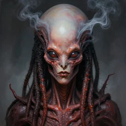 close up sci - fi cosmic horror art simon stalenhag alien dreadlocks, smoke onyx weed skin, elegant, highly detailed, centered, digital painting, concept art, smooth, sharp focus, illustration, artgerm, tomasz alen kopera, peter mohrbacher, donato giancola, joseph christian leyendecker, wlop, frank frazetta