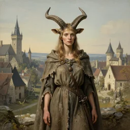 A detailed horned antelopewoman stands by the medieval village. Wearing a ripped mantle, robe. Perfect faces, extremely high details, realistic, fantasy art, solo, masterpiece, art by Zdzisław Beksiński, Arthur Rackham, Dariusz Zawadzki