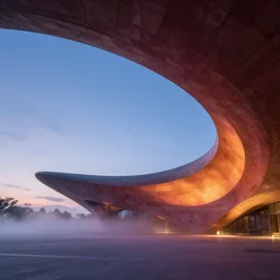 sculptural curved roof planes lift and descend creating shade and architectural expression, boolean subtraction form, highly detailed, vivid color, mist, dusk