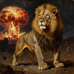 oversized muscular lion hunter watching nuclear explosion in background , human bloody legs full body portrait pose , very textured detailed oil painting by rembrandt , hard backlight , in dark cave