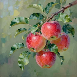 iridescent red apples hanging from a branch with emerald green leaves painted by Bierstadt