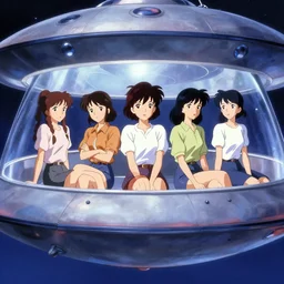 a film still of a 1 9 5 0's anime girls chilling inside ufo, chillhop aesthetics, hdr, full body mid shot, perfect art, trending on pixiv fanbox, painted by gaston bussiere, makoto shinkai, akihiko yoshida, craig mullins
