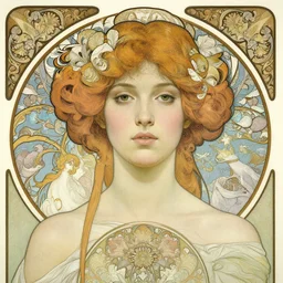 hyperrealistic detailed portrait of ivory beautiful symmetric girl, art by ernst haeckel, john william godward, hammershøi, alphons mucha, pontormo, ornamental, decorative, art nouveau pattern, deep pastel colors,