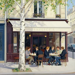 people sit outside a a parisian cafe. a silver birch tree is in the foreground an it is a sunny afternoon, painted by mucha