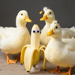 professional photograph of banana ducks, peeled bananas with googly eyes and duck beaks