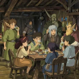 tavern full of elves, dwarves and people drinking, warm interior, aesthetic, dusk, by studio ghibli