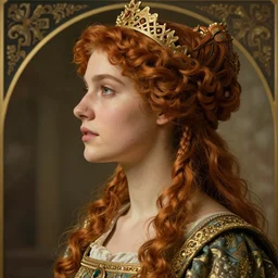 realistic detailed profile portrait of a beautiful young medieval queen by Alphonse Mucha, Greg Hildebrandt, and Mark Brooks, gilded details, spirals, Neo-Gothic, gothic, Art Nouveau, ornate medieval religious icon