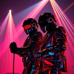 holographic daft punk duo during a concert - complex and hyperdetailed suit. anaglyph filter, anaglyph materials. rays and dispersion of light. volumetric light. wide angle, f / 3 2. noise film photo. flash photography. ultra realistic, poster by wayne barlowe, mike winkelmann, wayne barlowe, craig mullins, aaron horkey,