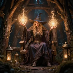 witch casting powerful magical spells inside her wooden hut, volumetric lighting, 8 k octane beautifully detailed render, post - processing, extremely hyper - detailed, intricate, epic composition, cinematic lighting, masterpiece, trending on artstation, detailed detailed detailed, masterpiece, stunning art by anders zorn, wonderful masterpiece by greg rutkowski, beautiful cinematic light,