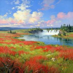 a fantasy meadow with lake, river, and waterfall in the distance, patches of red grass, blue sky with colorful clouds, by stephan martiniere and andreas rocha and greg rutkowski