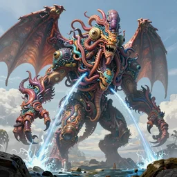 giant colorful hyperbeast, complex and intricate, lot of head eyes wings, horror, details, fleshy appendages tentacles hairs, plasma beams and streams of water artstation, attacking, hunting, concept art, smooth, sharp focus, illustration, by greg rutkowski and zdzislaw beksinski, good clear quality, lighting, biology, hyper realism hyper colors
