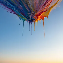 beautiful panorama photograph of a blue sunny sky, colorful paint dripping from the sky, photorealistic, golden hour, 8 k