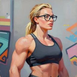 greg manchess portrait painting of margot robbie with as beautiful thick muscular female bodybuilder zarya from overwatch wearing glasses, medium shot, asymmetrical, profile picture, organic painting, sunny day, matte painting, bold shapes, hard edges, street art, trending on artstation, by huang guangjian and gil elvgren and sachin teng