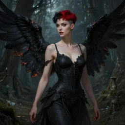 a beautiful cinematic sexy female seraphim, black wings slightly burnt, fantasy forest landscape, fantasy magic, undercut hairstyle, short red black fade hair, dark light night, intricate, elegant, sharp focus, illustration, highly detailed, digital painting, concept art, matte, art by WLOP and Artgerm and Greg Rutkowski and Alphonse Mucha, masterpiece