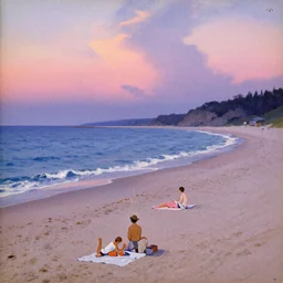 vintage magazine illustration of a dreamy beach scene on a hot summer evening, by carel willink and gregory crewdson