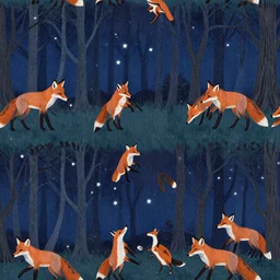 A beautiful fabric pattern texture, of foxes playing in a forest at night, blue dark sky with stars, typographics art, by James Jean