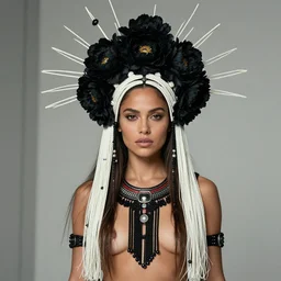 medium body shot portrait of ana de armas, perfectly proportioned face by wlop, as a female mythical magical aztec warrior wearing a crown of long white cables and black peony flowers as a cyberpunk cyborg goddess, standing over a plain modern background, realistic and detailed, by aaron de leon, sandro boticelli, studio ghibli and alphonse mucha, hdr 8 k