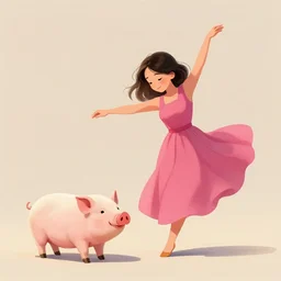 girl dancing with a pig
