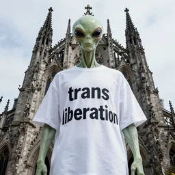 tall gothic alien wearing an extra large shirt that reads : trans liberation, high resolution photograph