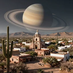 small mexican village in a desert, surrounded by saguaro, hills in the background, a giant planet with rings in the style of saturn fills the sky, unreal engine, insanely detailed.