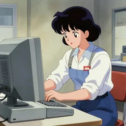 a film still of a 1 9 5 0's mechanic anime girl working on a giant computer, finely detailed features, full body mid shot, perfect art, in the garage, gapmoe yandere grimdark, trending on pixiv fanbox, painted by gaston bussiere, makoto shinkai, akihiko yoshida, gaston bussiere, craig mullins, studio ghibli