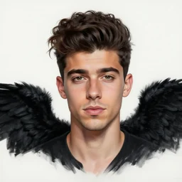 portrait painting by jeremy mann, head and shoulders portrait of zayn malik with black angel wings and elf ears by jeremy mann, wearing leather napoleonic military style jacket, black jacket collar, pointy ears, black canvas