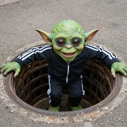 gollum wearing adidas tracksuit climbs out of a manhole