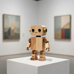 ultra realistic 8k octan photo wooden artoyz on piedestal very cute robot zen on a contemporary art gallery Ciboys