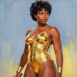sc - fi movie poster from the 7 0's, young black thick dejah thoris seen from the side, gold bikini armor, acrylic painting, advertising art