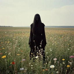 mystical dark death god standing in tall meadow of flowers, distant, vintage film photo, grainy, high detail, high resolution