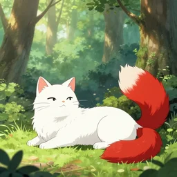 white cat with red tail like fox laying at sunny forest, detailed, anime illustration, fantasy, uhd