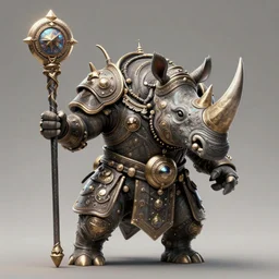 an aetherpunk magical rhinoceros warrior wielding a wizard staff, forward facing angle, character design, art by Jason Chan and Blizzard studios and Riot Studios, post-processing, extremely hyperdetailed, intricate complexity, epic composition, masterpiece, trending on artstation
