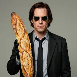 A humanoid baguette as The American Psycho