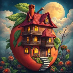 a three story house made of a peach, insanely detailed, fantasy illustration, colorful, children's book cover