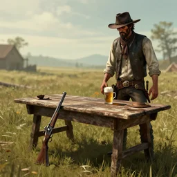 old west table with gun and beer, read dead 2 style, digital art, unreal engine, wallpaper