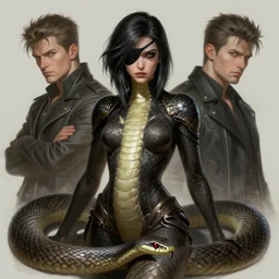 a highly detailed illustration of female snake from metal gear solid wearing eyepatch, dramatic pose, art by artgerm and greg rutowski and ilya kuvshinov, intricate, elegant, highly detailed, centered, digital painting, artstation, concept art, smooth, sharp focus, league of legends concept art, wlop.
