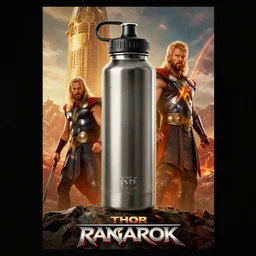 a poster for a water bottle in the style of the thor ragnarok movie posters