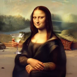 a photorealistic photograph of Mona Lisa holding a martini in her right hand on the beach at sunset Trending on Artstation, featured on Behance, well-rendered, Unreal Engine, 4K HD