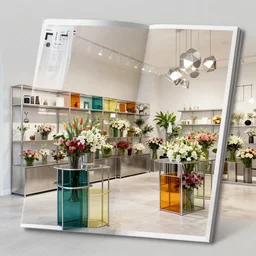 flower retail store, minimal, stainless steel and color glass, frame magazine, archidaily, parametric dot lamp, contemporary art and sculpture for flower, trending on artstation, octane rendering