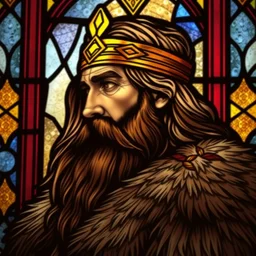 stained glass window, detailed side - view portrait of crach an craite, long hair, full beard, golden headband, fur coat, masterful, backlit