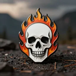 retro minimalistic menacing clean skull with fire flame enamel pin