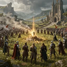 medieval battle, with medieval fantasy soliders, vikings, saxons, knights, crusaders, lord of the rings, cgsociety, realistic, golden ratio, octane render, rule of thirds, wide shot, 8 k resolution, epic volumetric light, cinematography, concept art, artstation trending, environments, fantasy