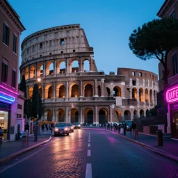 neon streets of rome with colosseum in background, 4 k, award winning photo, cyberpunk style