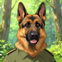 close up character portrait icon of the german shepard military uniform head animal person wearing clothes standing in the bright forest, hidari, color page, tankoban, 4 k, tone mapping, akihiko yoshida