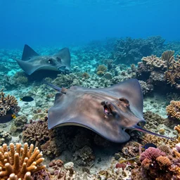 beautiful stingrays, underwater scenery, beautiful colorful corals, stingrays and other tropical species of ocean life, volumetric lighting, symmetry, perfect, god - rays, 3 5 mm, hd,